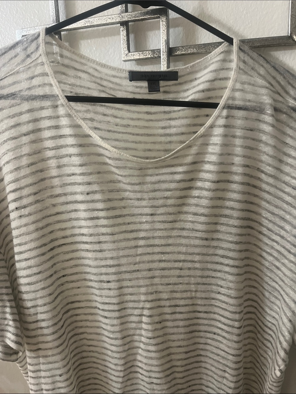 John Varvatos White and Gray Striped Knit Tee